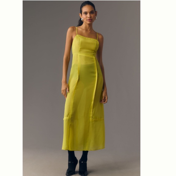 ANTHROPOLOGIE Super Cute Chartreuse NWT 
SHEER PANELED MIDI DRESS - Picture 6 of 8